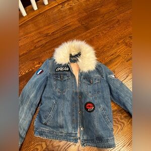 Denim Jacket with Removable Faux Fur Collar and Patches